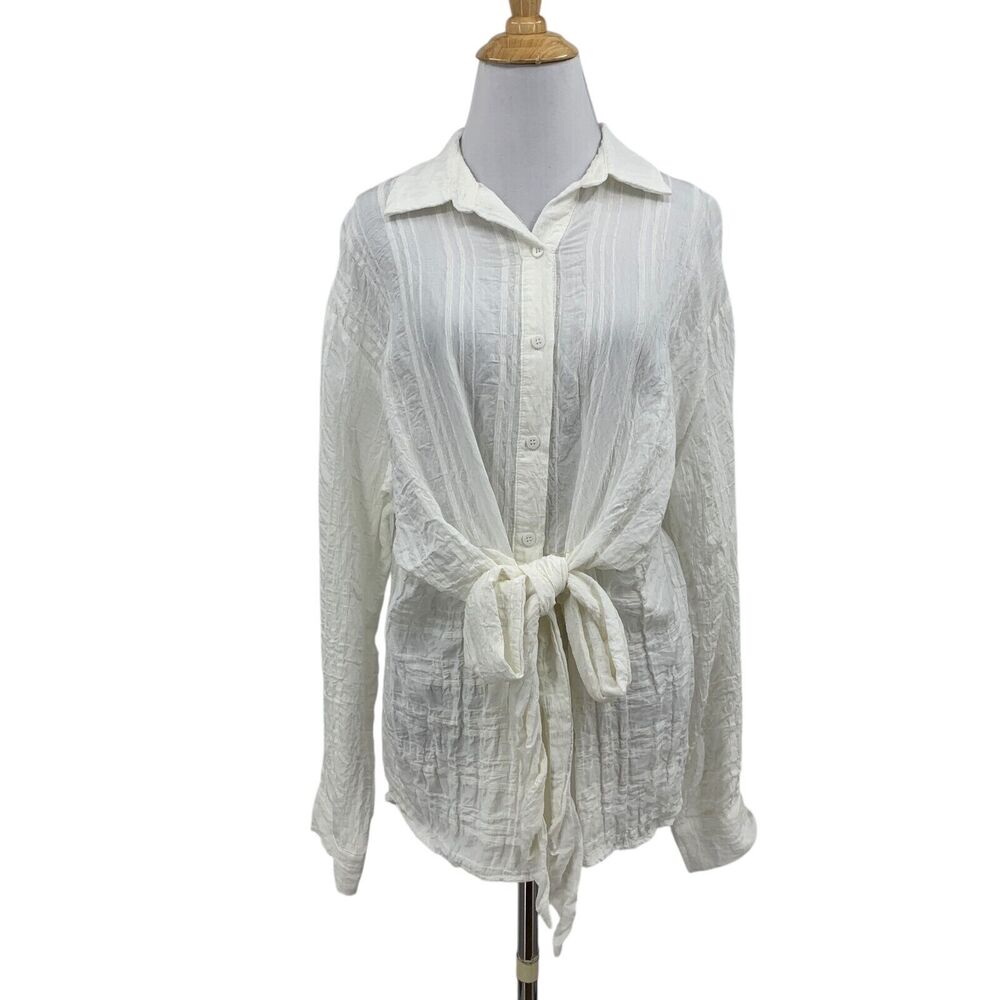 G.P.D. Blouse Womens L Large White Crinkled Button Front Tie Waist Long Sleeve